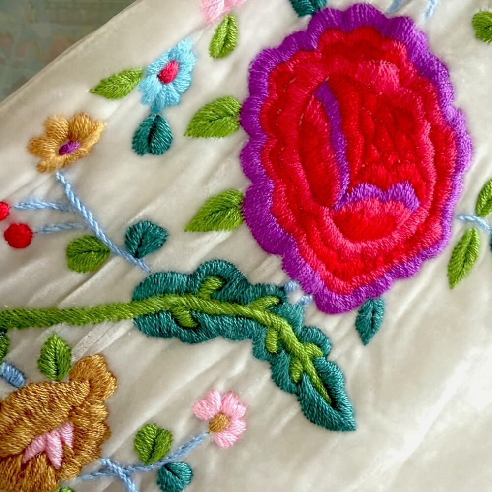 Hand Embroidered Silk Velvet Wide Leg Pants Floral Boho Palazzo